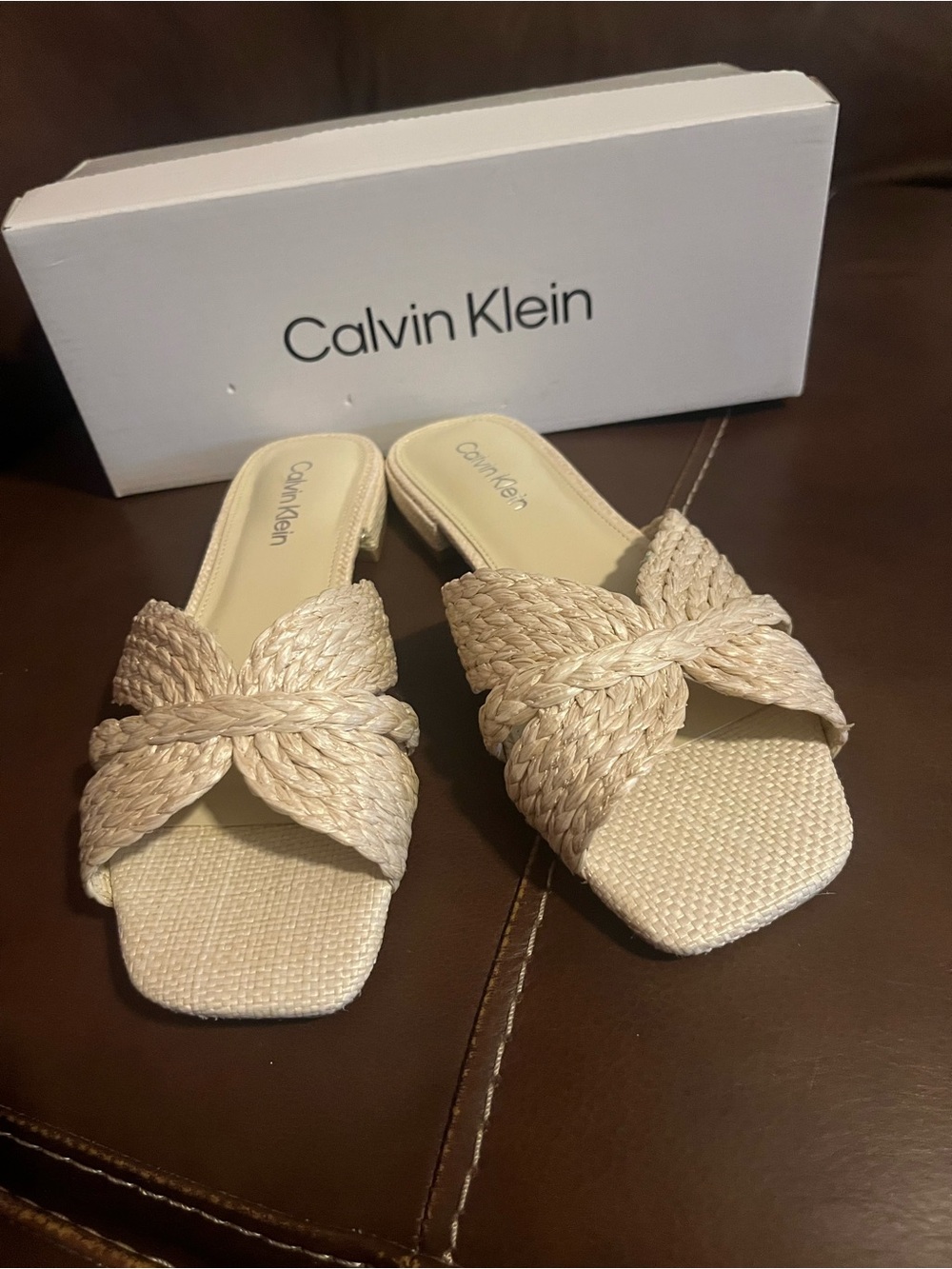 Calvin Klein Braided Beige Slide Mules size 7.5. New